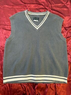 Original Use Grey V-Neck Knit Sweater Vest with White Stripe Trim